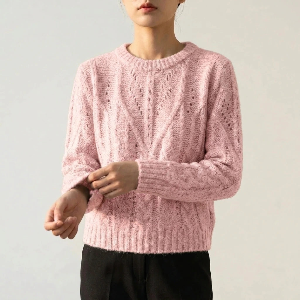 Sweater Women Soft Chunky Cable Knit Hollow Out Round Neck Sweet Candy Color Pullover sweater — variant_front