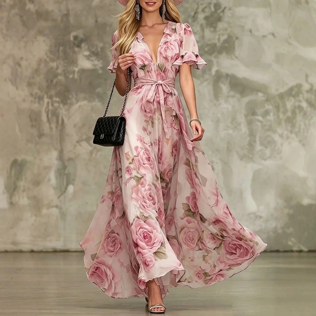Pink Printed Maxi Dress, Deep V-Neck Ruffle Sleeve, High Waist, Effortless Summer Style — lifestyle