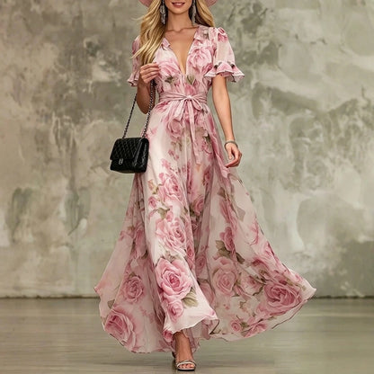 Pink Printed Maxi Dress, Deep V-Neck Ruffle Sleeve, High Waist, Effortless Summer Style — lifestyle