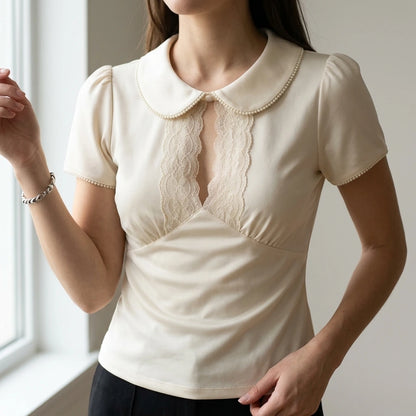 Apricot Ruched Splicing Tee Top Women's Casual Short Sleeve Puffed Sleeve Office Daily Wear Lace Detail Solid Polyester Summer Spring — lifestyle_lead