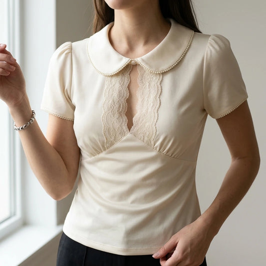 Apricot Ruched Splicing Tee Top Women's Casual Short Sleeve Puffed Sleeve Office Daily Wear Lace Detail Solid Polyester Summer Spring — lifestyle_lead