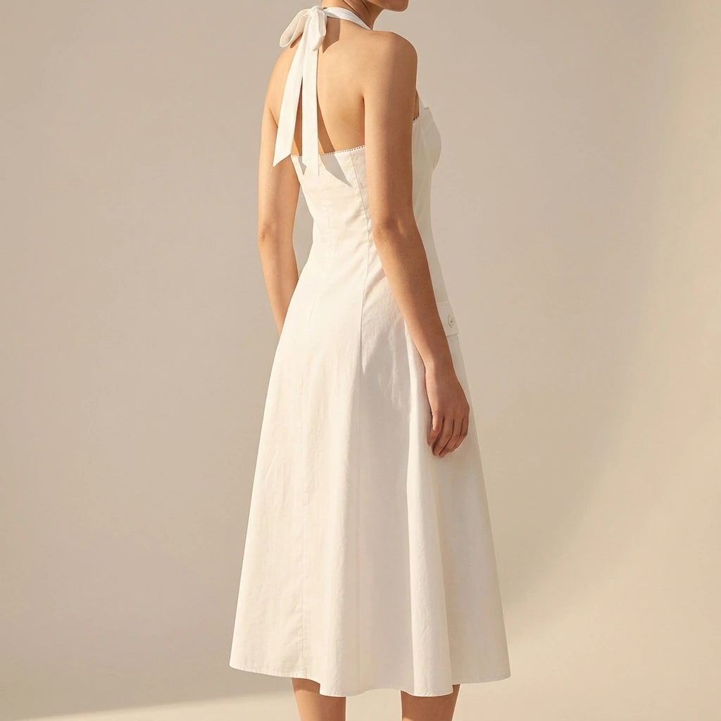 Vintage style neck button up mid length dress — lifestyle