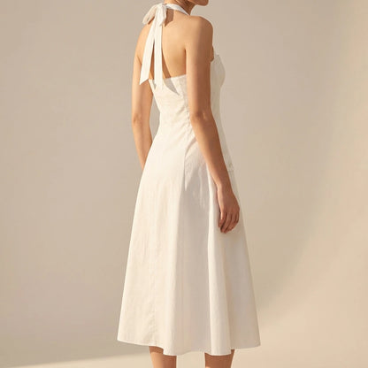 Vintage style neck button up mid length dress — lifestyle