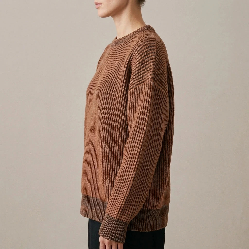Simple Solid Color Distressed Chunky Knit Crewneck Loose Pullover Sweater — variant_front