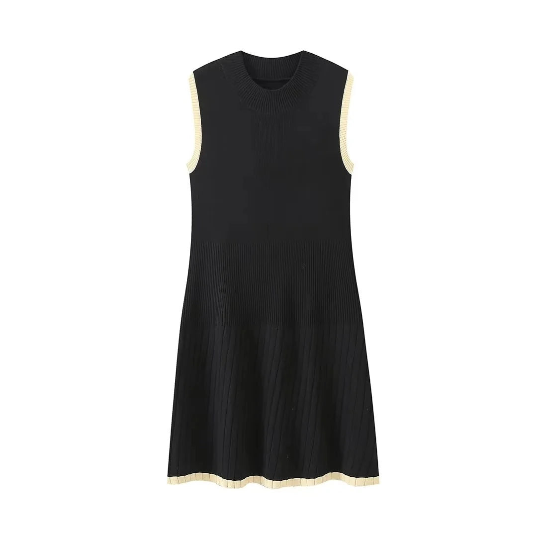 Knitted mini dress fashionable round neck pleated A-line dress — variant_front