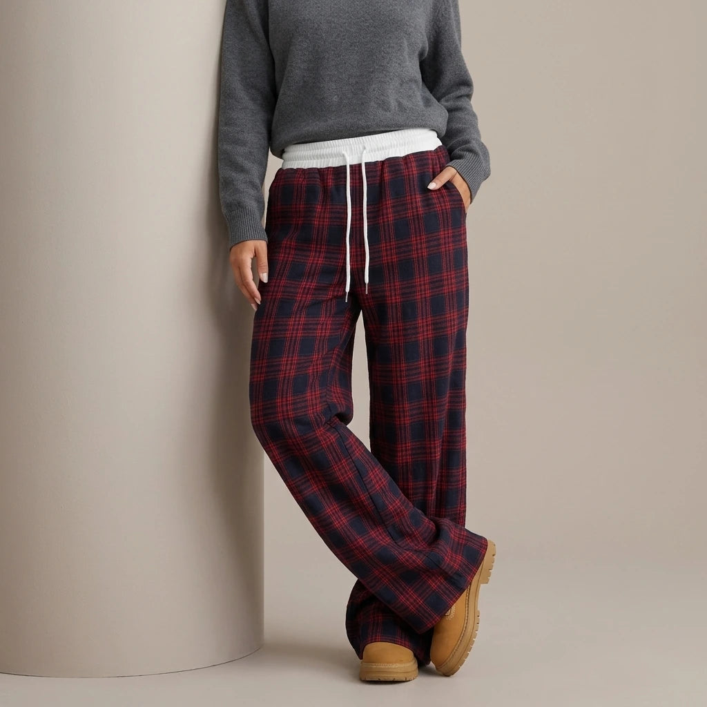 Loose Lazy Style Straight Leg Plaid Patchwork High Waist Drape Casual Sweatpants — variant_front