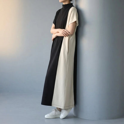 Japanese half turtleneck patchwork long dress — lifestyle