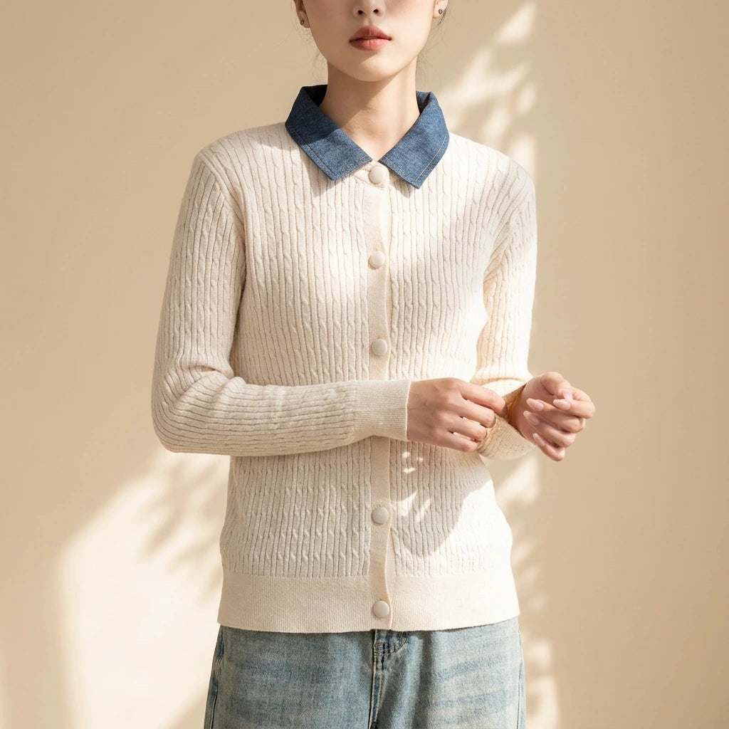 Chunky Knit Color-block Polo Neck Sweater for WomenLoose Fit Slimming Design Autumn/Winter Outwear — lifestyle