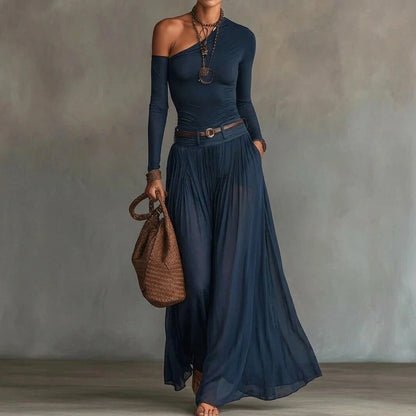 Navy Blue Asymmetrical Shoulder Long Sleeve Dress Set, Pleated Belted A-Line, Elegant Polyester, Spring — lifestyle_lead
