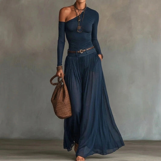 Navy Blue Asymmetrical Shoulder Long Sleeve Dress Set, Pleated Belted A-Line, Elegant Polyester, Spring — lifestyle_lead