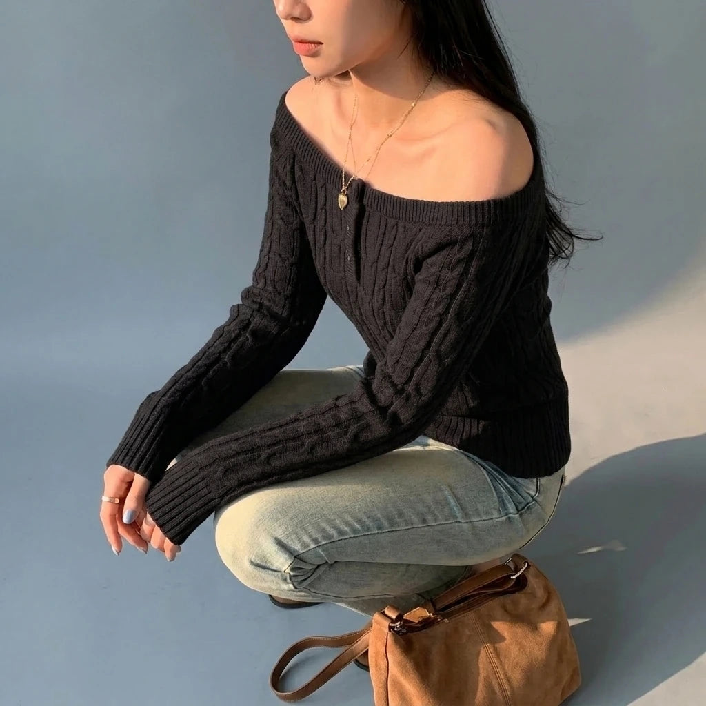 Chunky Knit Off-Shoulder Grey Sweater Top for Women, Long Sleeve, Short Length — variant_front