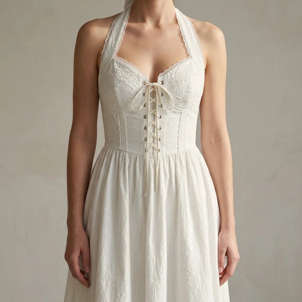 Refined White Embroidery Midi Dress Women's Formal A-Line Halter Sheath Sleeveless Slip Special Occasion Summer Viscose No Stretch — lifestyle