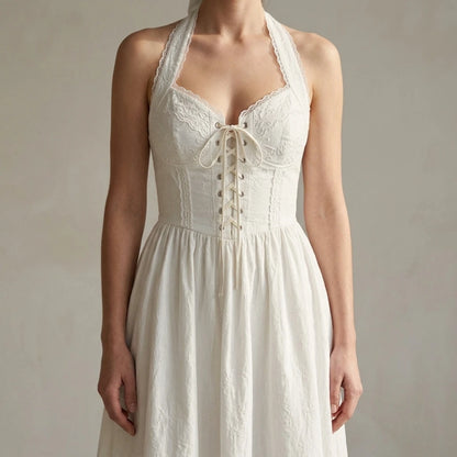 Refined White Embroidery Midi Dress Women's Formal A-Line Halter Sheath Sleeveless Slip Special Occasion Summer Viscose No Stretch — lifestyle