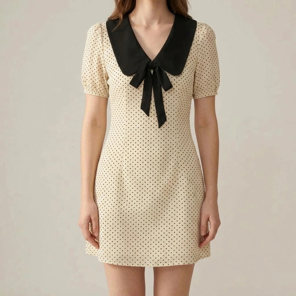 Elegant A-Line Mini Dress Women’s Polka Dot Contrasting Colors V Neck Puffed Short Sleeve Daily Summer Apricot Polyester Natural Waist — lifestyle