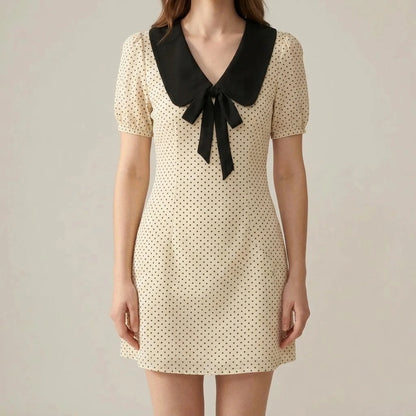 Elegant A-Line Mini Dress Women’s Polka Dot Contrasting Colors V Neck Puffed Short Sleeve Daily Summer Apricot Polyester Natural Waist — lifestyle