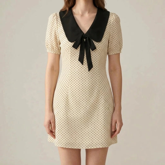 Elegant A-Line Mini Dress Women’s Polka Dot Contrasting Colors V Neck Puffed Short Sleeve Daily Summer Apricot Polyester Natural Waist — lifestyle