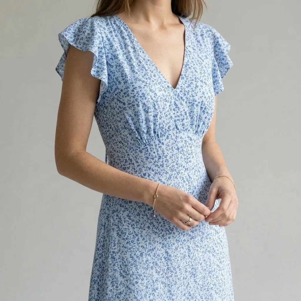 Stylish Floral V Neck Maxi Dress for Women, A-Line, Short Sleeve, Casual Daily Summer Wear, Medium Stretch Polyester, Blue — lifestyle
