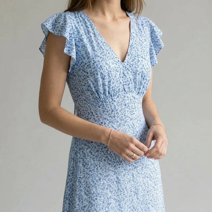 Stylish Floral V Neck Maxi Dress for Women, A-Line, Short Sleeve, Casual Daily Summer Wear, Medium Stretch Polyester, Blue — lifestyle