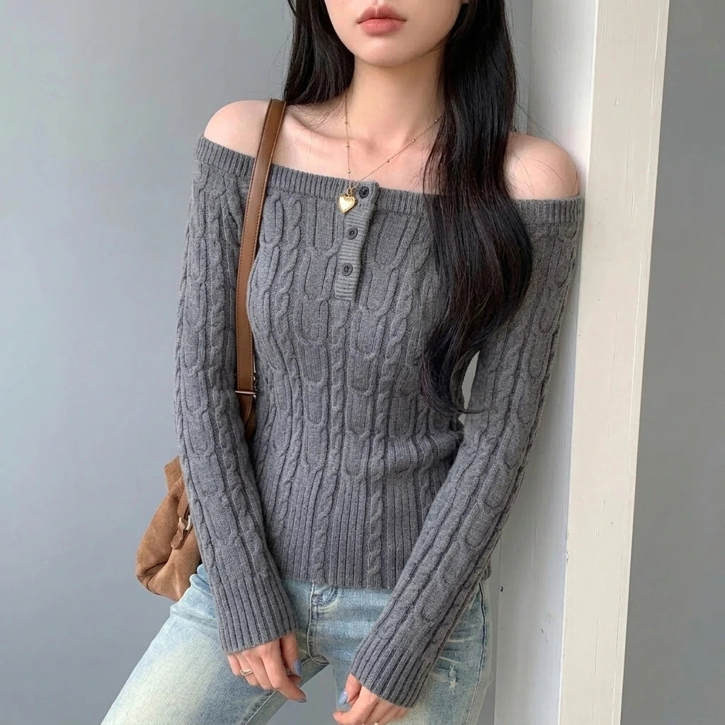 Chunky Knit Off-Shoulder Grey Sweater Top for Women, Long Sleeve, Short Length — variant_front