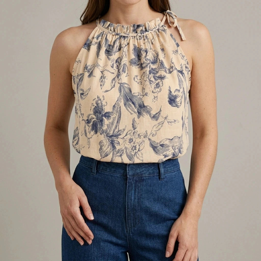 Stylish Floral Ruched Ruffle Tank Top for Women, Sleeveless Wrap, Casual Daily Summer Resortwear, Hip Length, Apricot, Polyester — variant_front