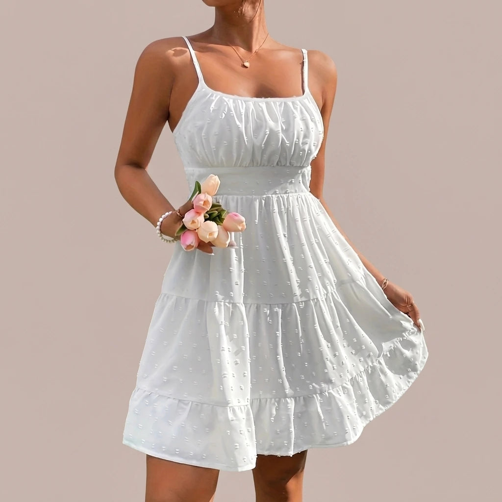 Clothing  Swiss Dot Print Strap Dress for Women Summer Casual Fit Bodycon Mini Dress — lifestyle