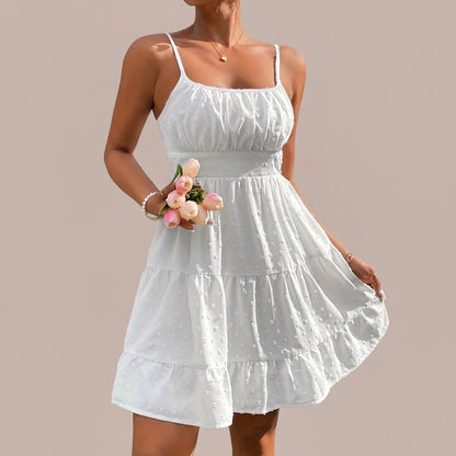 Clothing  Swiss Dot Print Strap Dress for Women Summer Casual Fit Bodycon Mini Dress — lifestyle