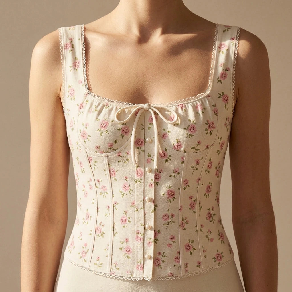 Elegant Floral Square Neck Tank Top Women’s Sleeveless Chic Daily Wear Spring Summer Slim Fit Hip Length No Stretch Beige Polyester — lifestyle