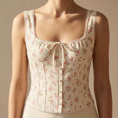 Elegant Floral Square Neck Tank Top Women’s Sleeveless Chic Daily Wear Spring Summer Slim Fit Hip Length No Stretch Beige Polyester — lifestyle