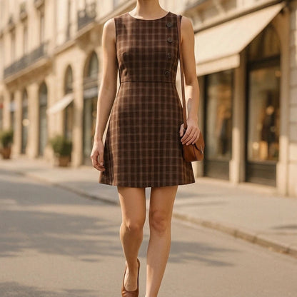 Elegant Plaid Ruched Mini Dress for Women, Sleeveless Sheath, Natural Waist, Daily Office Casual, Brown Polyester, Summer Fall — lifestyle