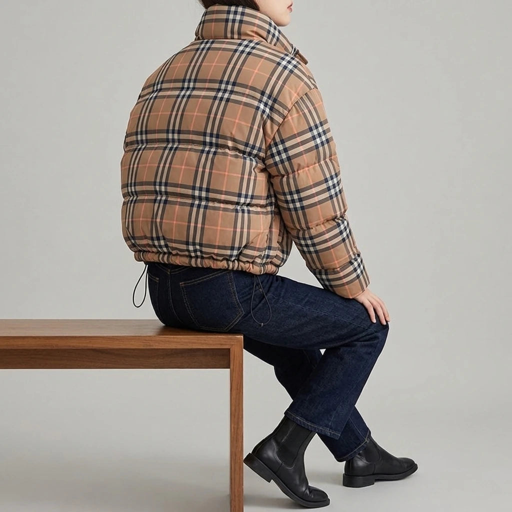 Winter New  Plaid Short Puffer Coat for Petite Women, Thick Warm Cotton Jacket, Fashionable Hooded Outwear — variant_front