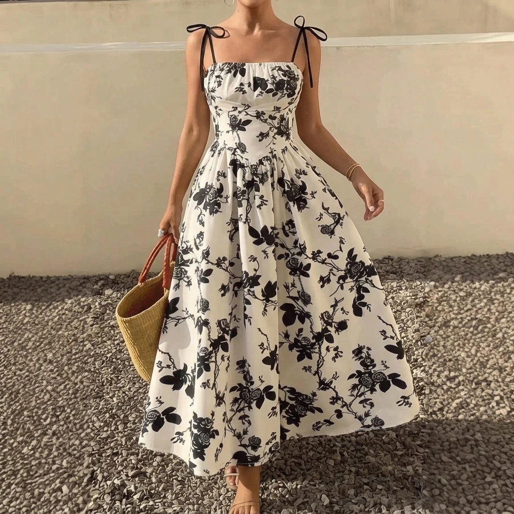 Beige Floral A-Line Swing Dress, Waist Cinching Suspender, Sleeveless Elegant Style, Summer Polyester — lifestyle