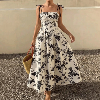Beige Floral A-Line Swing Dress, Waist Cinching Suspender, Sleeveless Elegant Style, Summer Polyester — lifestyle