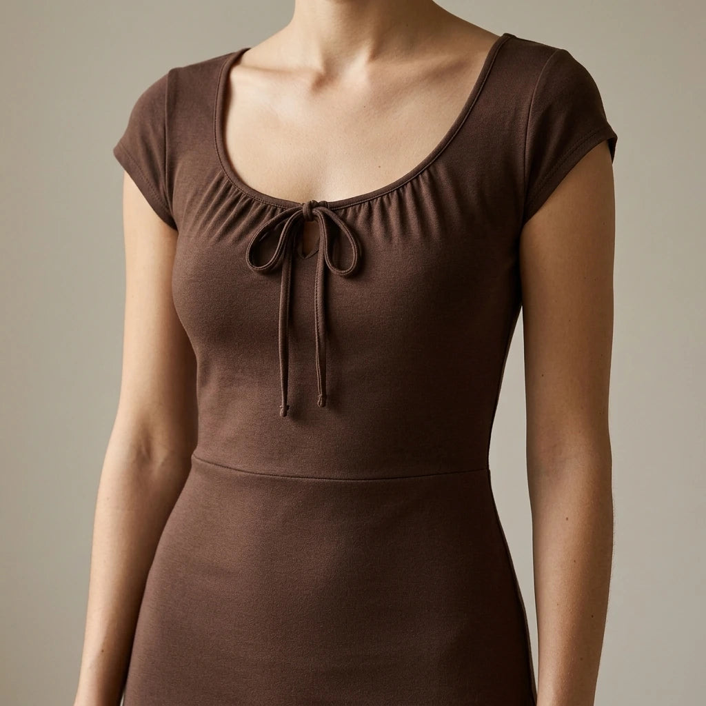 Retro Sheath Midi Dress for Women, Boat Neck, Cap Sleeve, Ruched, Knit, Basic Style, Daily Wear, Brown, Medium Stretch — lifestyle