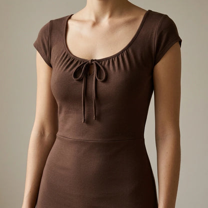 Retro Sheath Midi Dress for Women, Boat Neck, Cap Sleeve, Ruched, Knit, Basic Style, Daily Wear, Brown, Medium Stretch — lifestyle