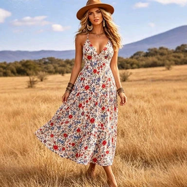 Pink Printed Camisole Long Dress Sleeveless Embroidered A-Line Elegant Summer Polyester — variant_front