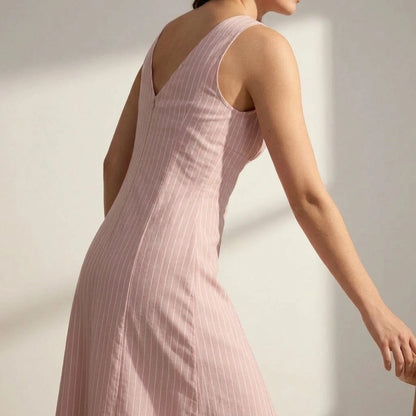Pink Striped Sheath Midi Dress Women’s Workwear Office Wear Sleeveless V Neck A-Line Natural Waisted No Stretch Polyester Summer Spring Pink — lifestyle_lead