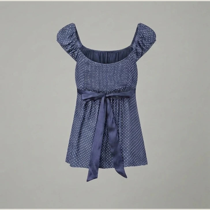 Women Summer Fairy Grunge Y2k Babydoll Shirts Cap Sleeve Micro Polka Dot Tie Back Flowy Slim T-shirts Tops Preppy Clothes — variant_front
