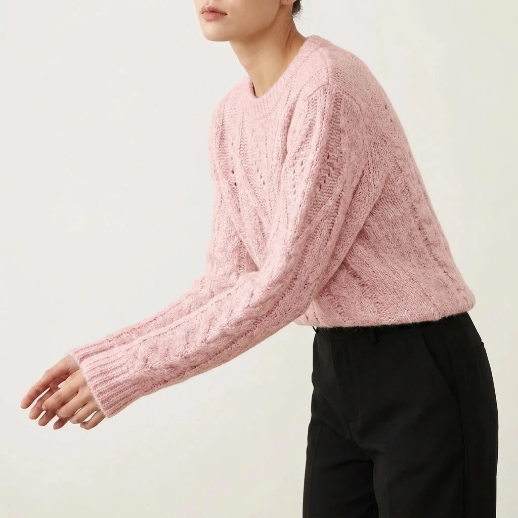 Sweater Women Soft Chunky Cable Knit Hollow Out Round Neck Sweet Candy Color Pullover sweater — variant_front