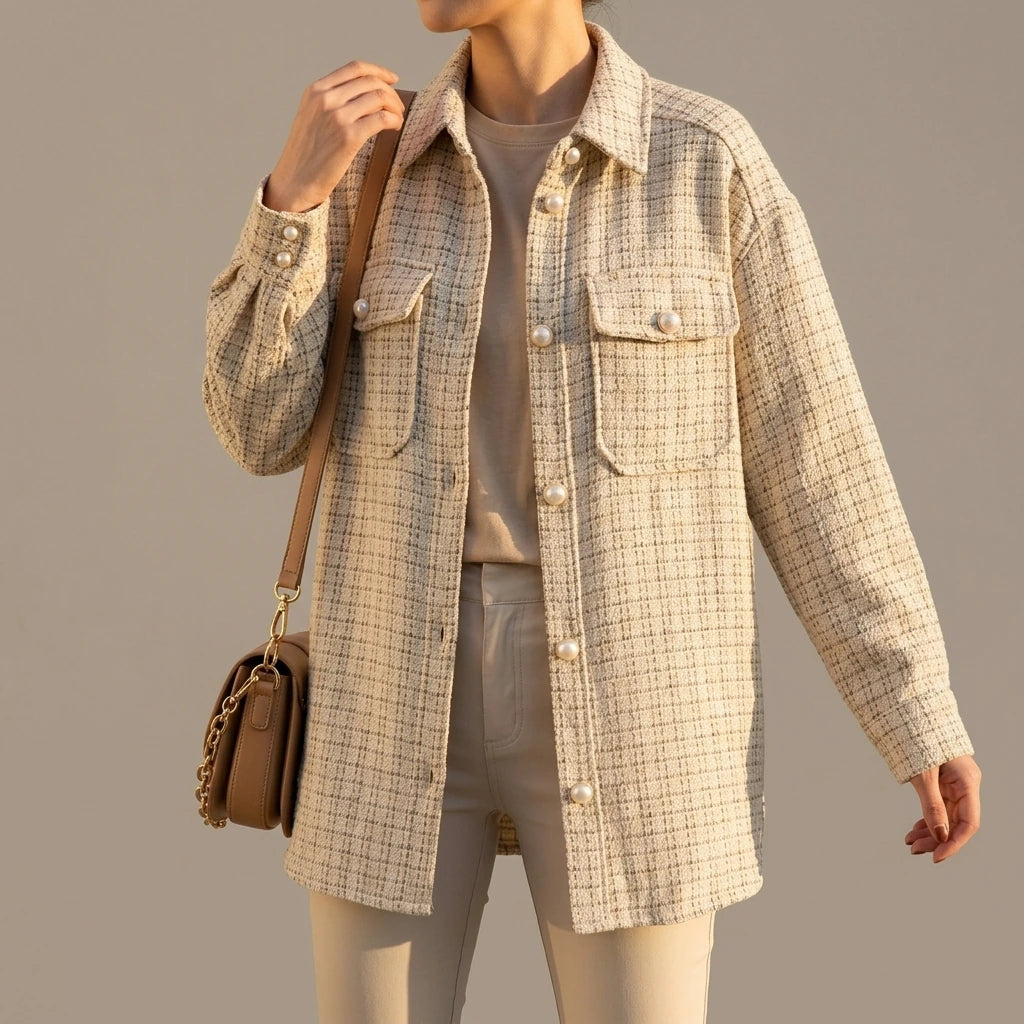 Women Blazer Tweed Shirts Plaid Oversized Jacket Casual Button Up Jacket Ladies Long Sleeve Women Casual Blazer Tops Beige Shirt — lifestyle