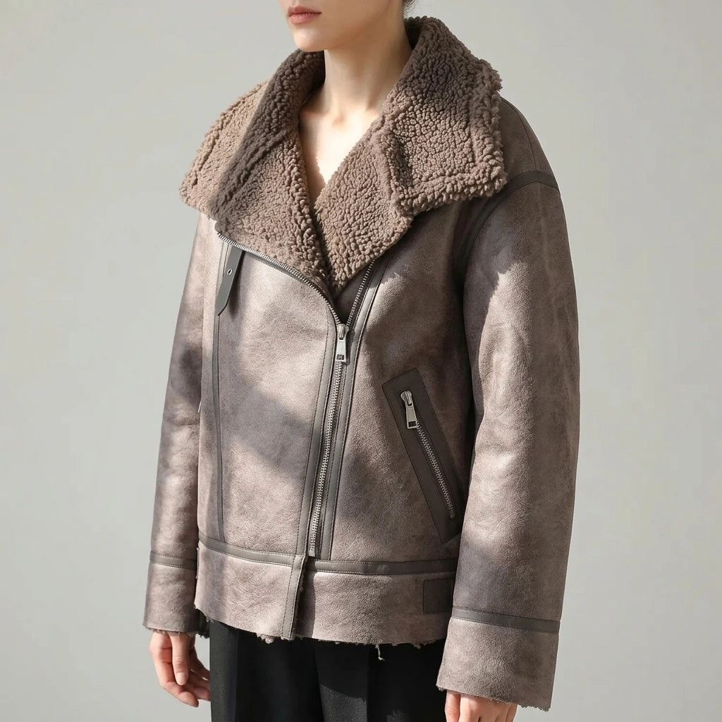 Women's Faux Shearling Long Sleeve Stand-Up Collar Reversible Jacket Coat — lifestyle