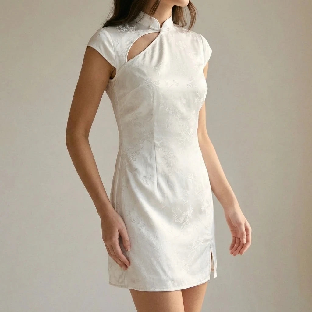 Elegant Floral A-Line Skater Mini Dress Women’s Cut Out Slit Mandarin Collar Cap Sleeve Jacquard Polyester Daily Spring Summer White — lifestyle