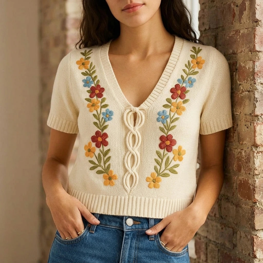 Casual Floral Embroidery Sweater Top Women’s V Neck Short Sleeve Daily Wear Hip Length Medium Stretch Apricot Polyester Spandex Spring Summer — lifestyle