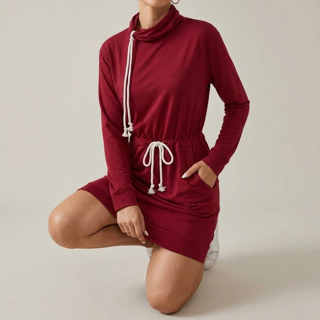 Drawstring Turtleneck Long Sleeve Mini Dress — lifestyle
