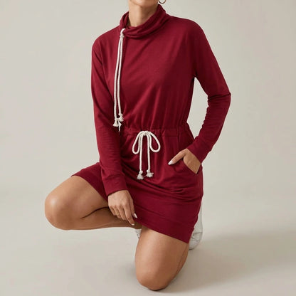 Drawstring Turtleneck Long Sleeve Mini Dress — lifestyle
