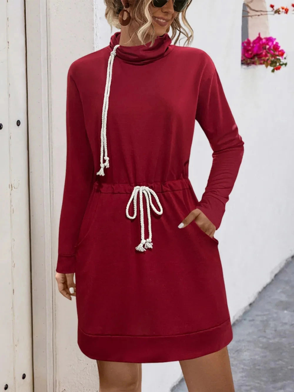 Drawstring Turtleneck Long Sleeve Mini Dress — variant_front