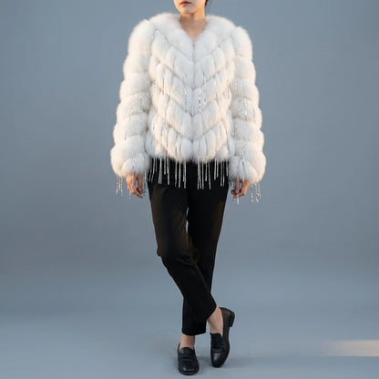 Fox fur coat women's fur car stripe tassel short V-neck — lifestyle