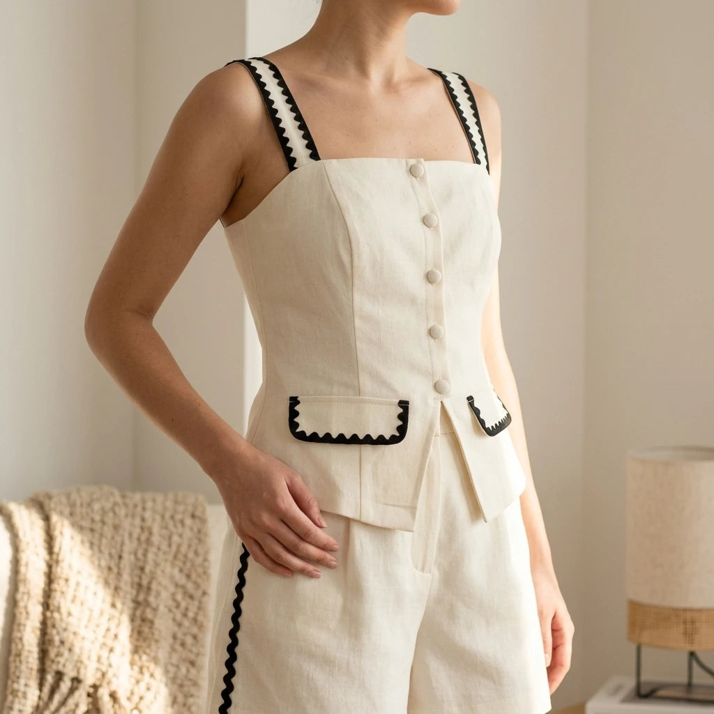 Beige Contrasting Pocket Cami Top Women's Sleeveless Square Neck Hip-Length Button Detail Office Workwear Summer Spring Polyester Spandex — lifestyle_lead
