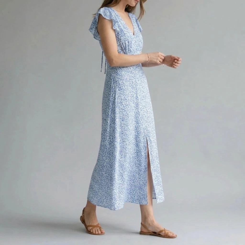 Stylish Floral V Neck Maxi Dress for Women, A-Line, Short Sleeve, Casual Daily Summer Wear, Medium Stretch Polyester, Blue — lifestyle