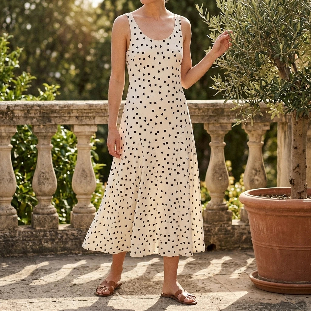 Polka Dot Slim Fit Midi Dress, Pleated Sleeveless Shoulder Strap, Elastic Polyester, Effortless — variant_front