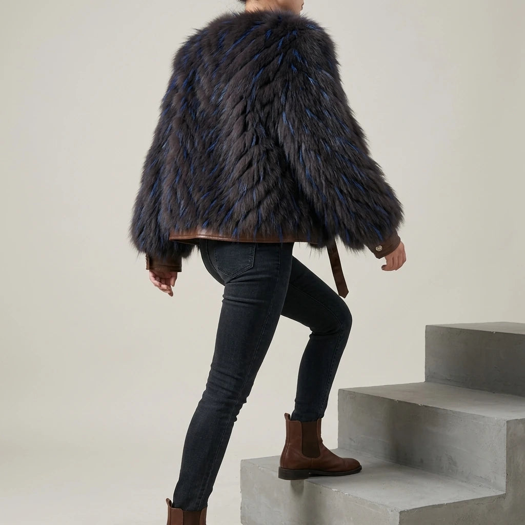 Raccoon fur grass coat, woven with car stripes, women's short jacket, Haining autumn and winter new small fresh and stylish, age reducing — lifestyle